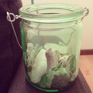 Charlie left behind a quarter filled jar of sea glass